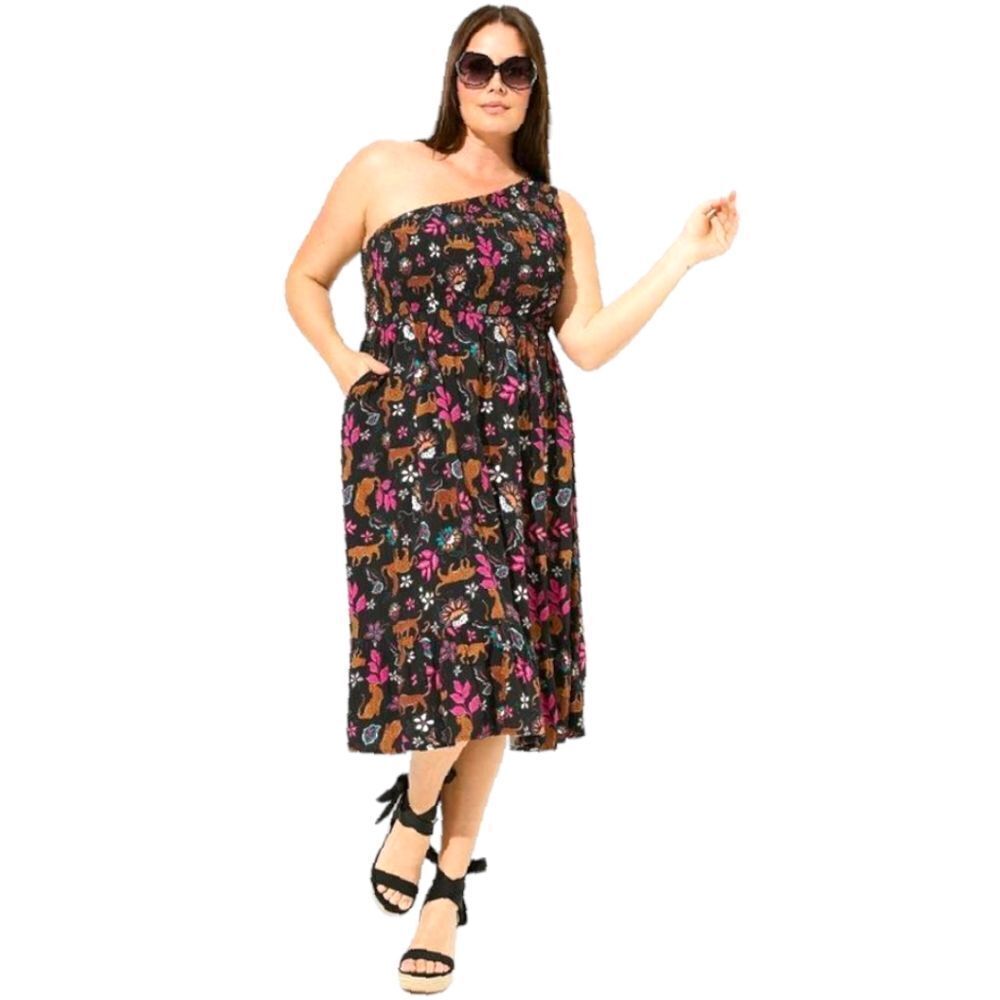 TORRID 3X midi challis one shoulder tiered dress with  leopard leaves print NWT